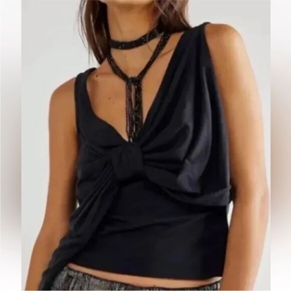 FREE PEOPLE Tank Top Women Medium Bow Front Tied Up Whimsigoth Boho - Picture 2 of 5